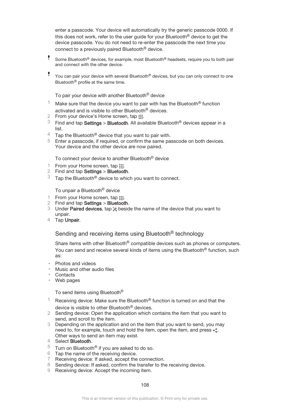 Sending and receiving items using bluetooth, Technology | Sony Xperia Z3 Compact User Manual | Page 108 / 133