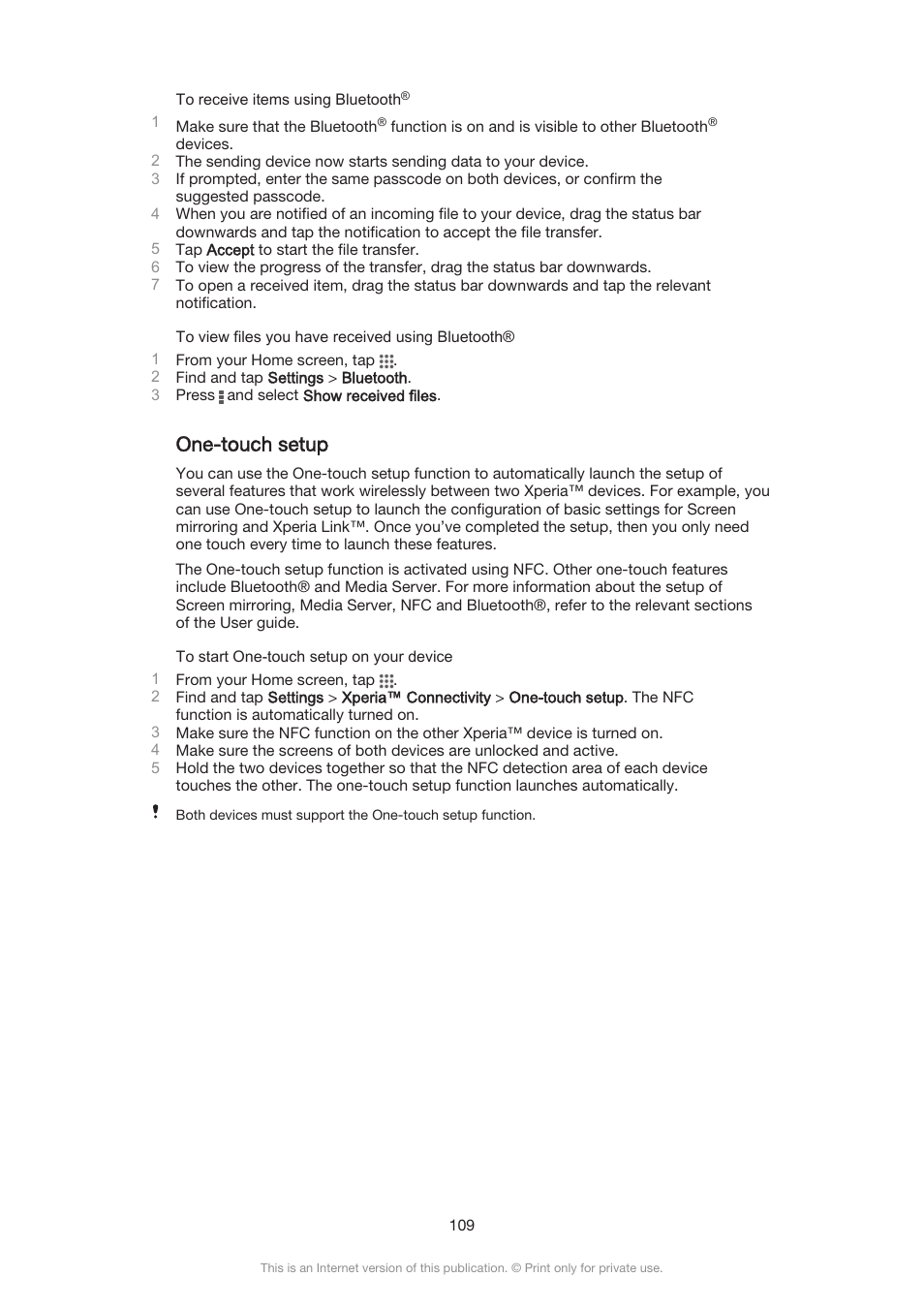 One-touch setup | Sony Xperia Z3 Compact User Manual | Page 109 / 133