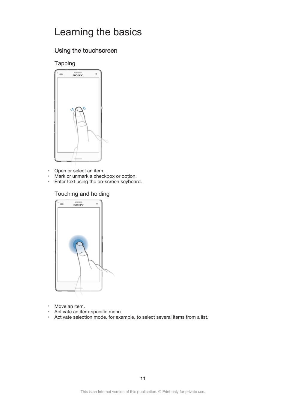 Learning the basics, Using the touchscreen | Sony Xperia Z3 Compact User Manual | Page 11 / 133