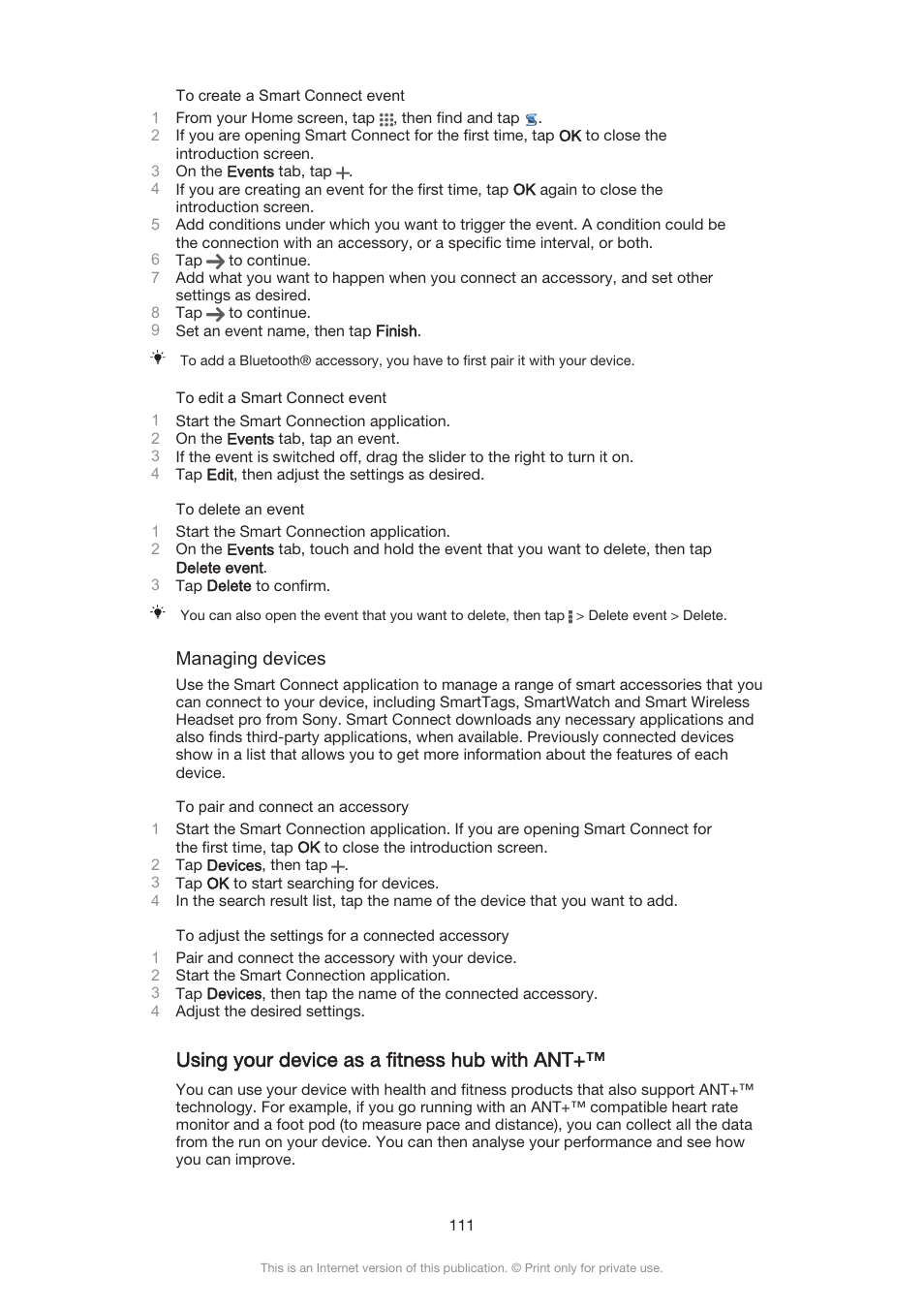 Using your device as a fitness hub with ant | Sony Xperia Z3 Compact User Manual | Page 111 / 133