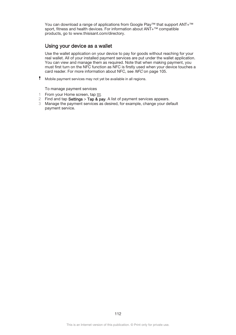 Using your device as a wallet | Sony Xperia Z3 Compact User Manual | Page 112 / 133