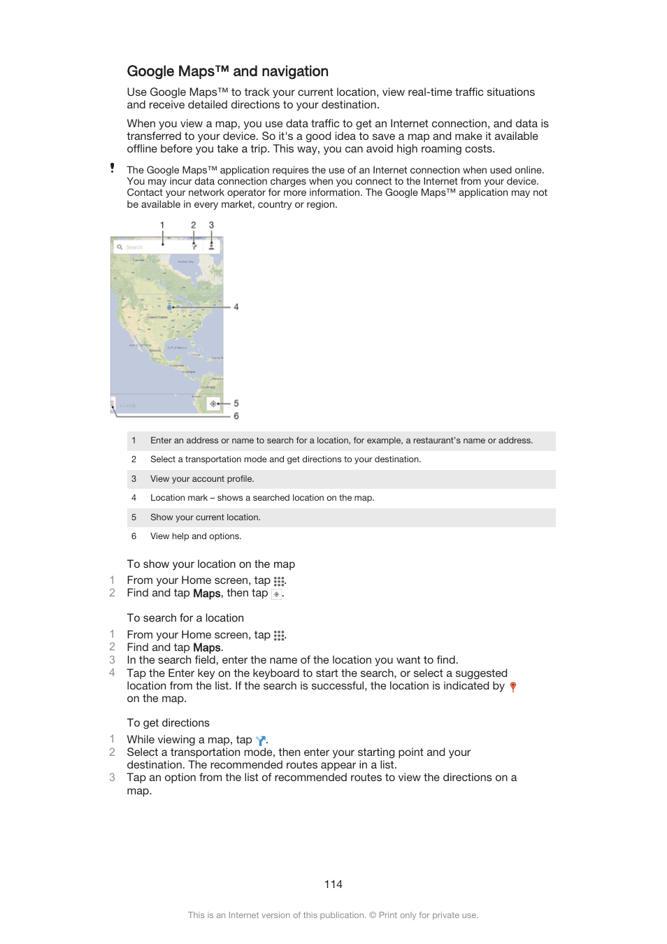 Google maps™‎ and navigation, Google maps™ and navigation | Sony Xperia Z3 Compact User Manual | Page 114 / 133