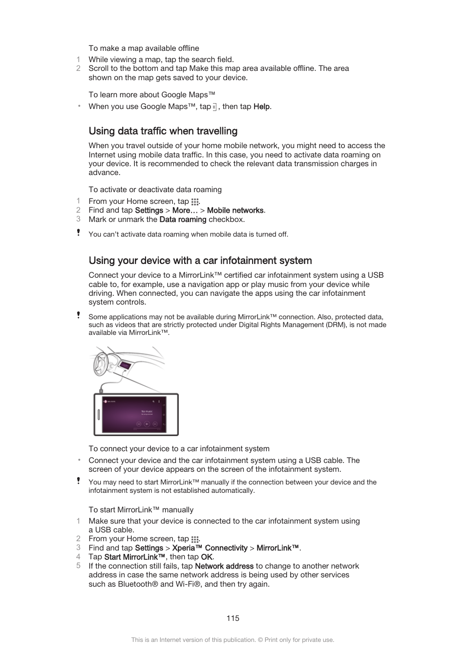 Using data traffic when travelling, Using your device with a car infotainment system | Sony Xperia Z3 Compact User Manual | Page 115 / 133