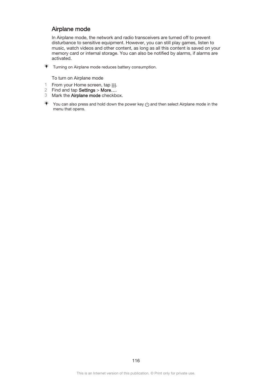 Airplane mode | Sony Xperia Z3 Compact User Manual | Page 116 / 133