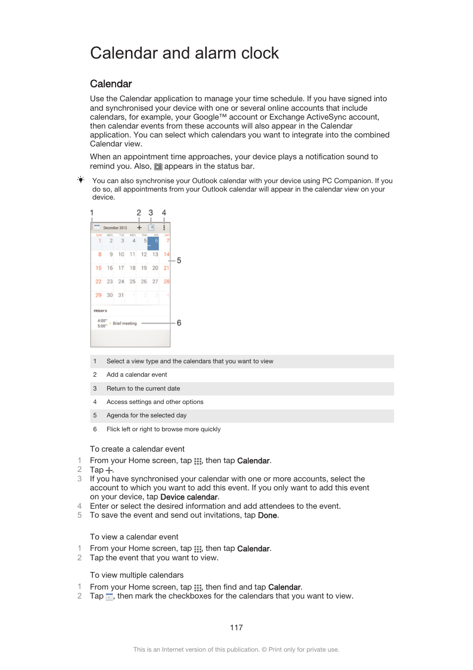 Calendar and alarm clock, Calendar | Sony Xperia Z3 Compact User Manual | Page 117 / 133