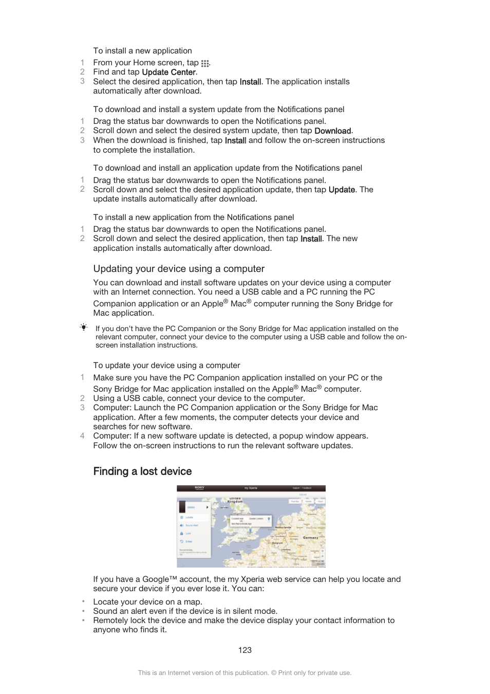 Finding a lost device | Sony Xperia Z3 Compact User Manual | Page 123 / 133
