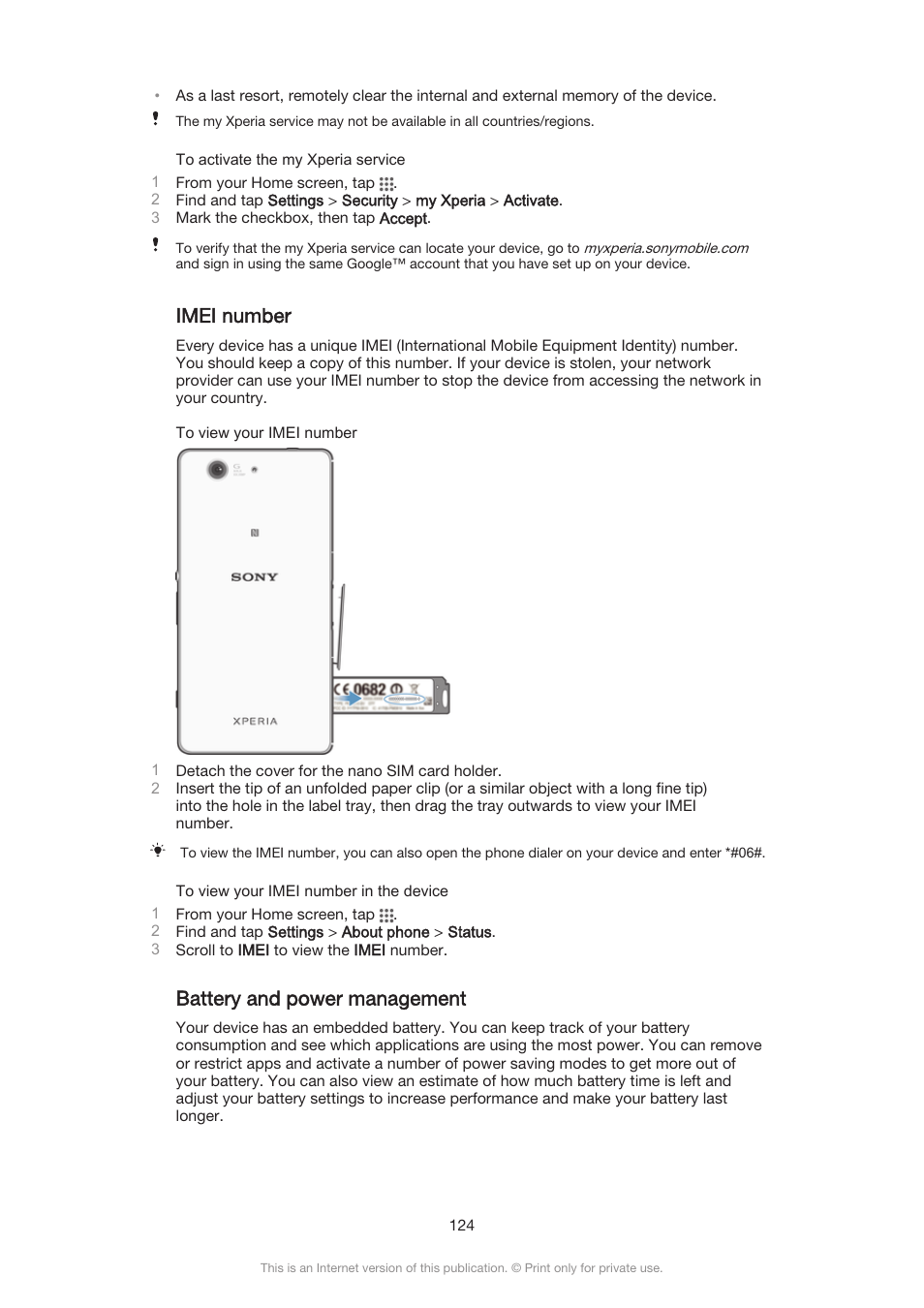 Imei number, Battery and power management | Sony Xperia Z3 Compact User Manual | Page 124 / 133