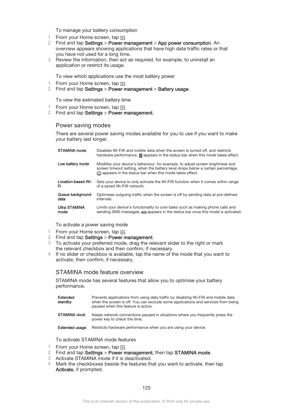 Power saving modes, Stamina mode feature overview | Sony Xperia Z3 Compact User Manual | Page 125 / 133