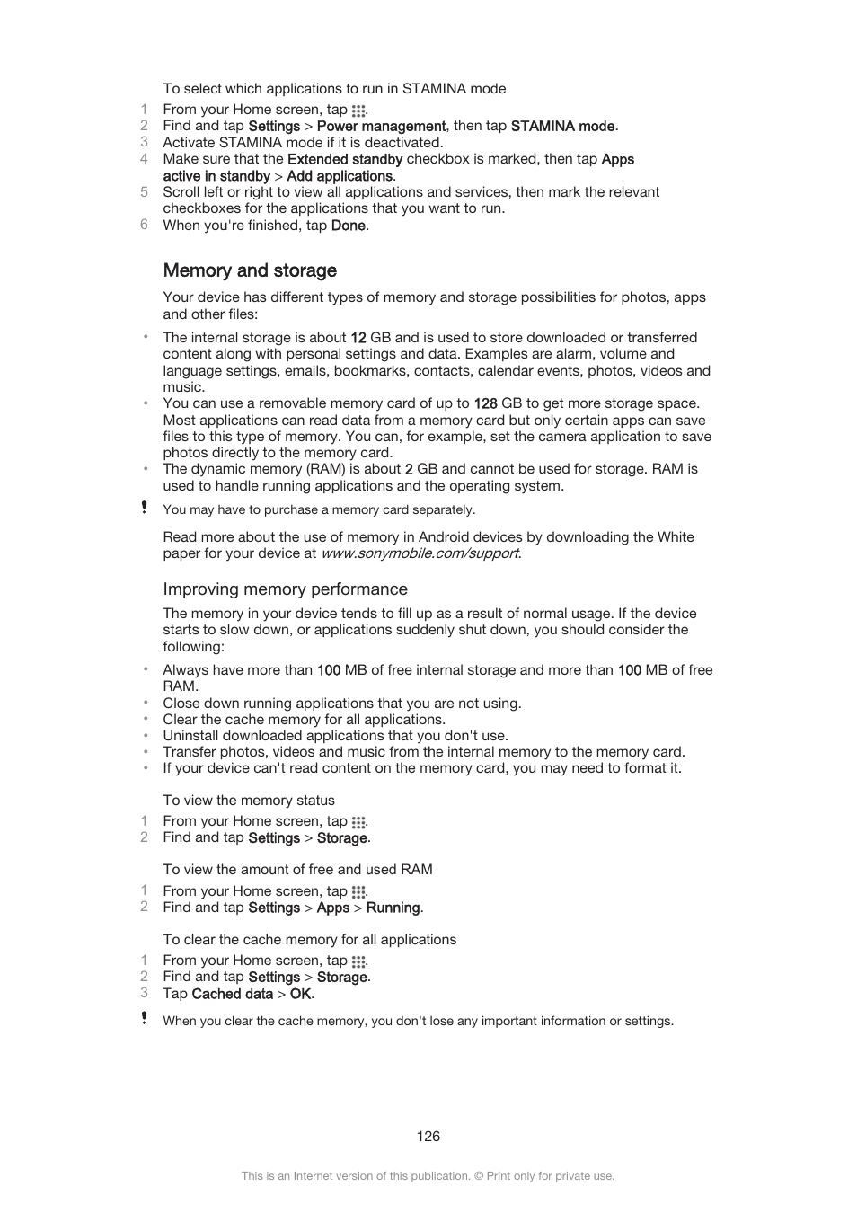 Memory and storage | Sony Xperia Z3 Compact User Manual | Page 126 / 133