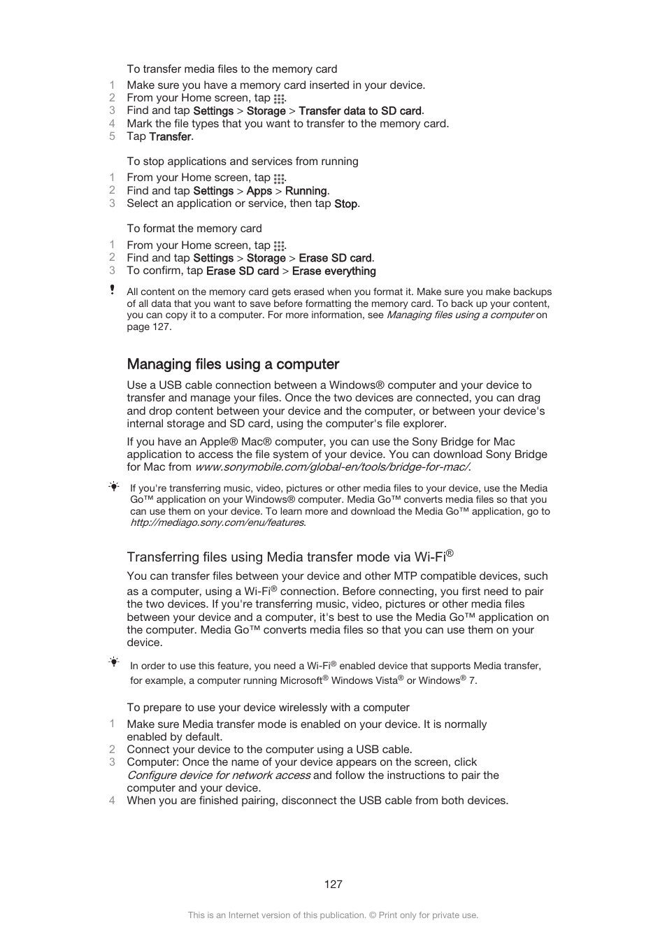 Managing files using a computer | Sony Xperia Z3 Compact User Manual | Page 127 / 133