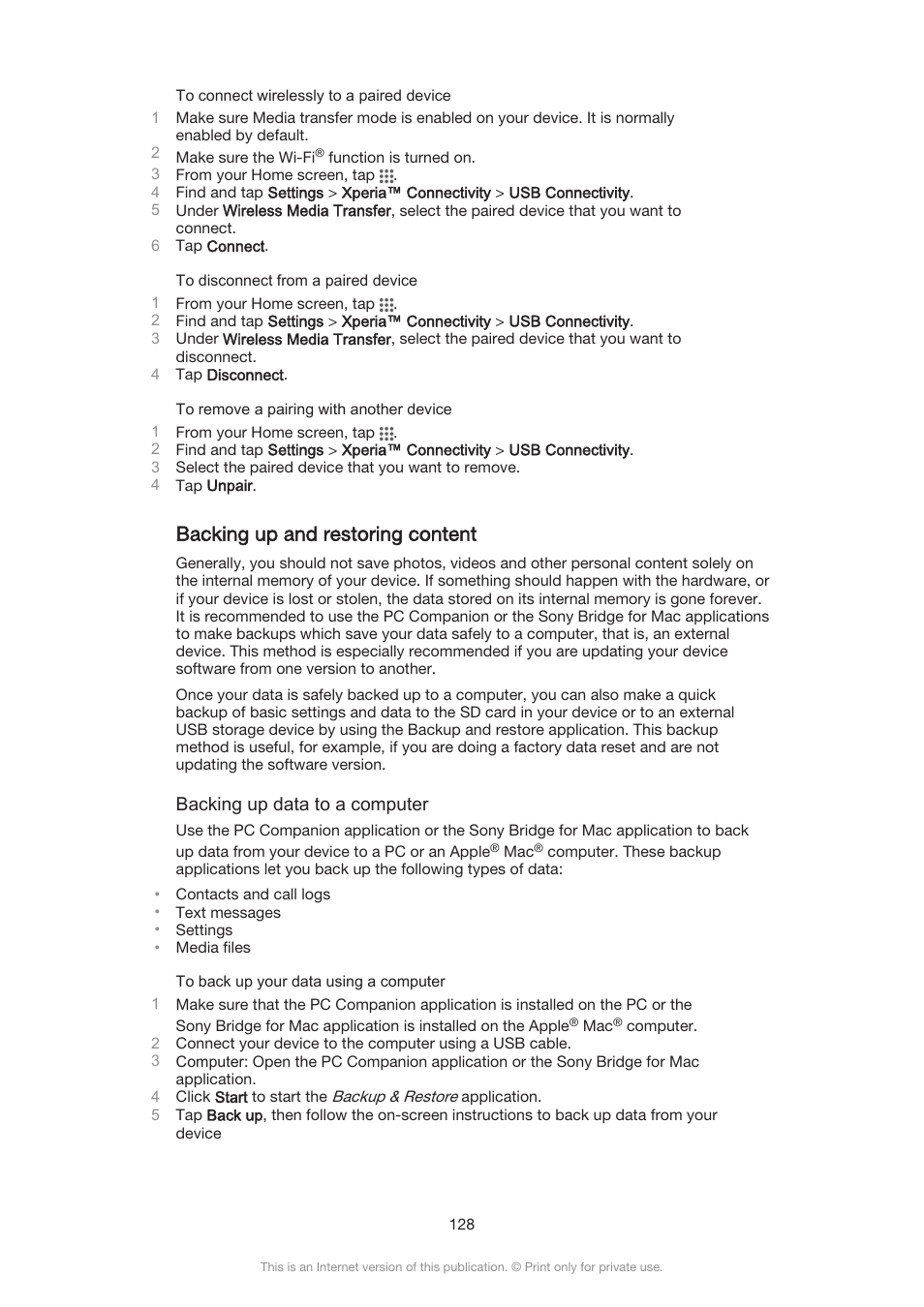 Backing up and restoring content | Sony Xperia Z3 Compact User Manual | Page 128 / 133