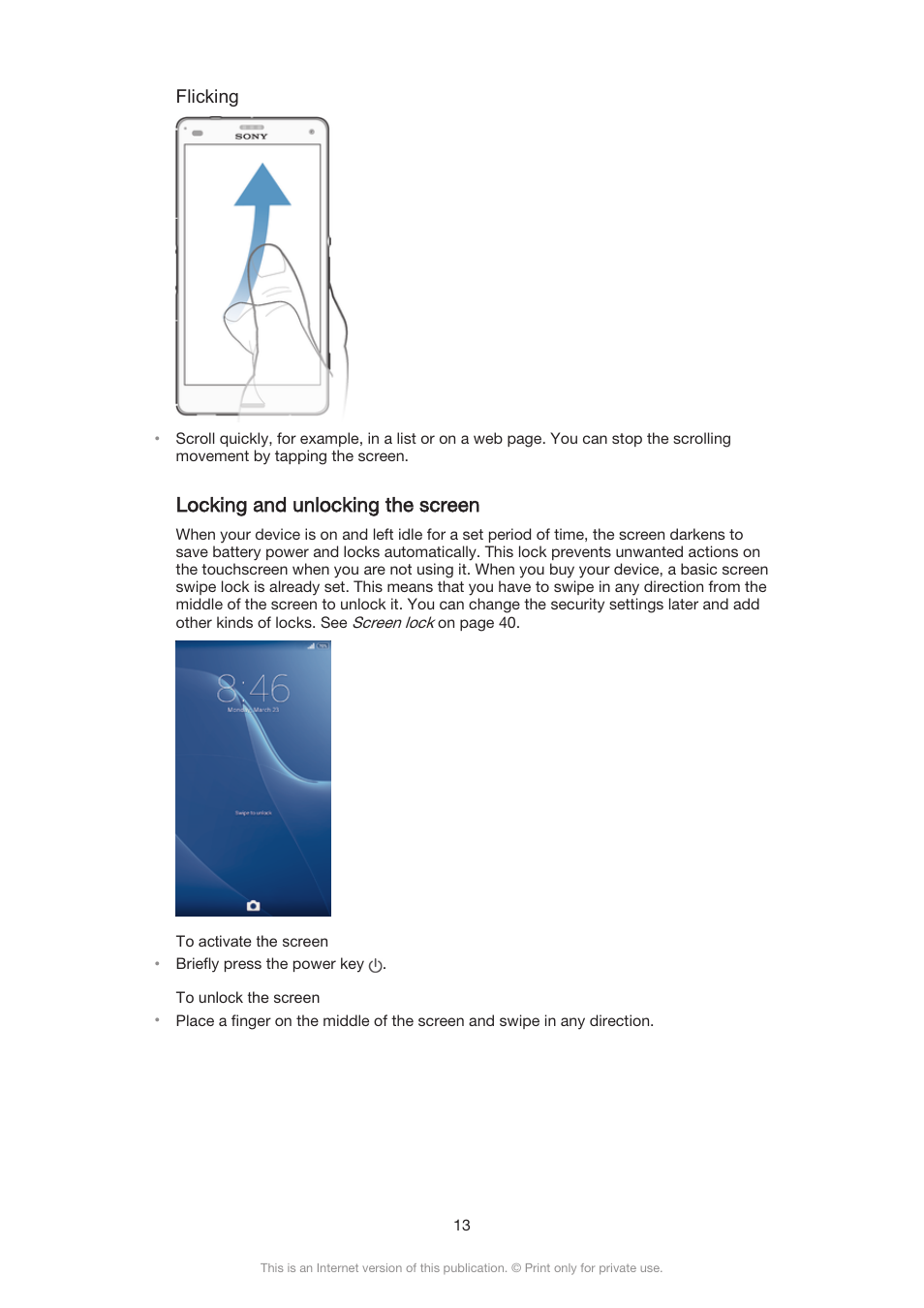 Locking and unlocking the screen | Sony Xperia Z3 Compact User Manual | Page 13 / 133