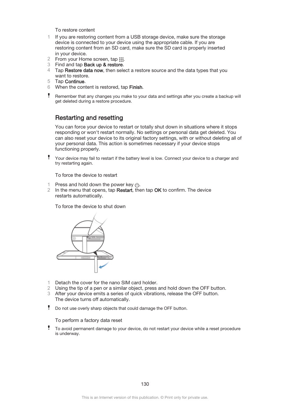Restarting and resetting | Sony Xperia Z3 Compact User Manual | Page 130 / 133