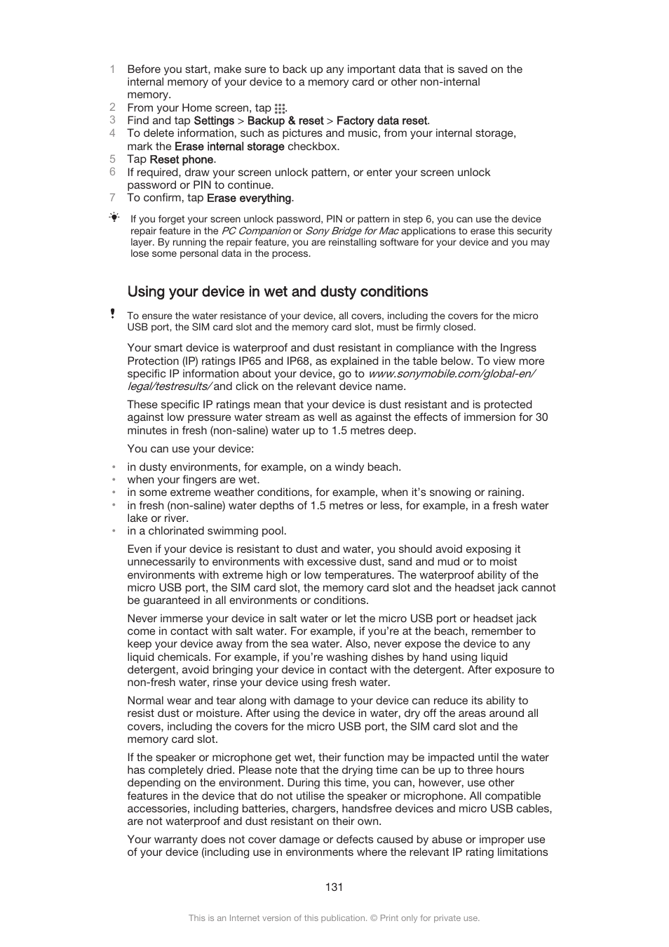 Using your device in wet and dusty conditions | Sony Xperia Z3 Compact User Manual | Page 131 / 133