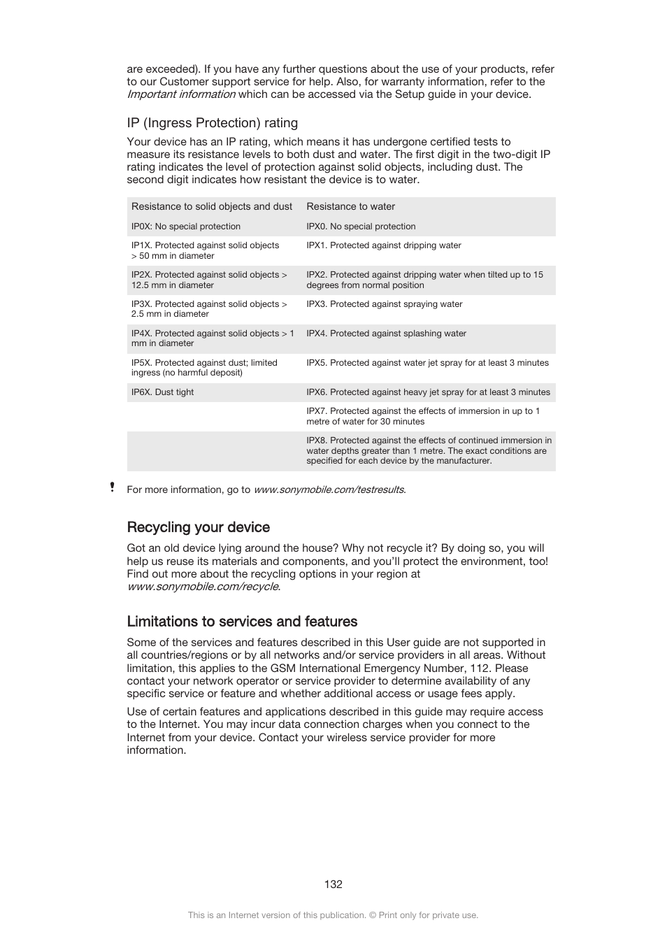 Recycling your device, Limitations to services and features, Ip (ingress protection) rating | Sony Xperia Z3 Compact User Manual | Page 132 / 133