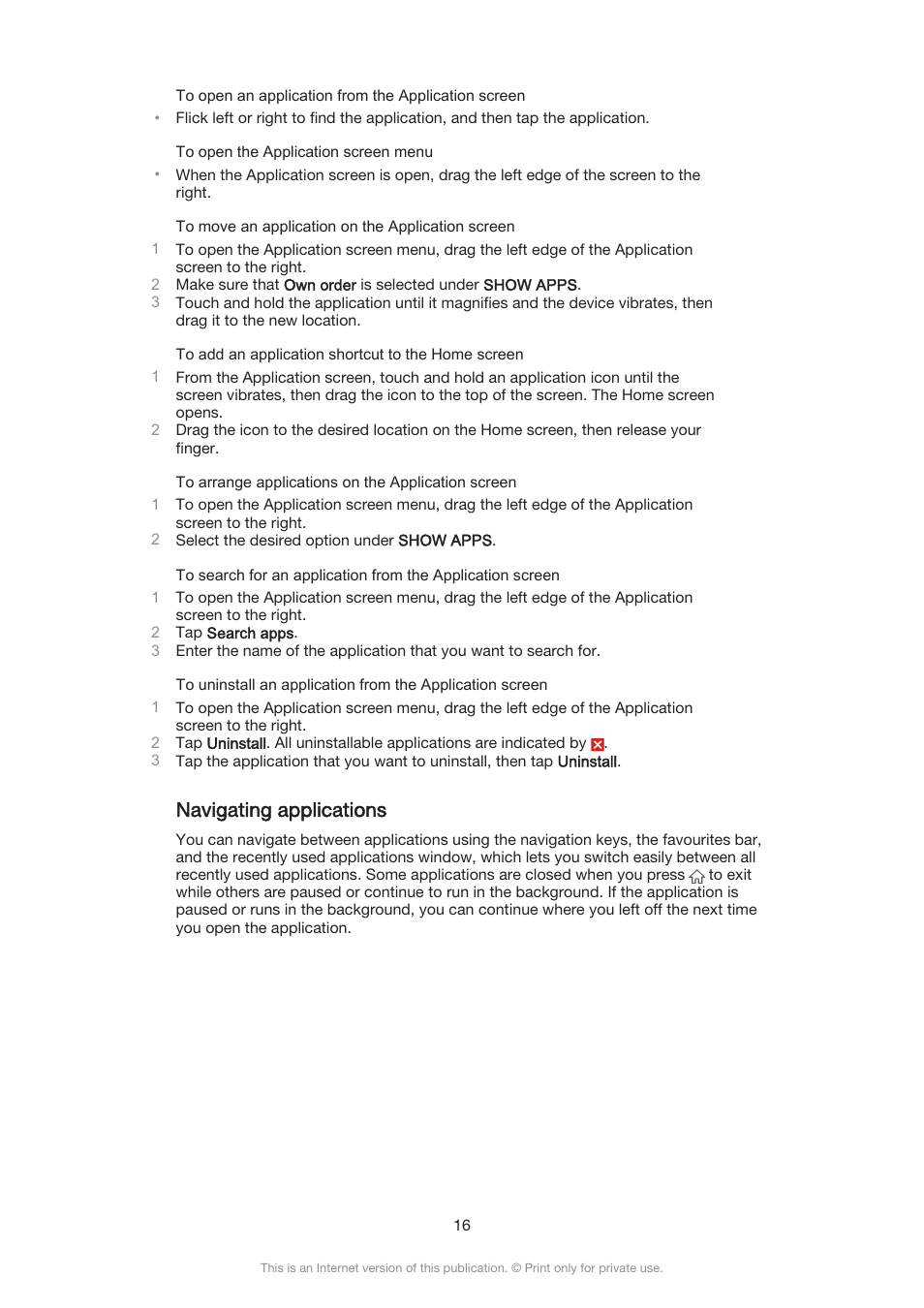 Navigating applications | Sony Xperia Z3 Compact User Manual | Page 16 / 133