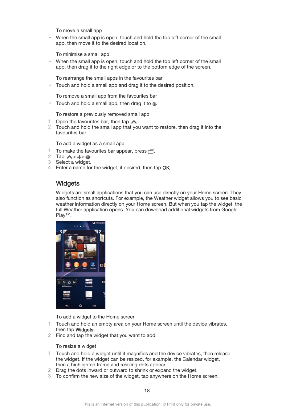 Widgets | Sony Xperia Z3 Compact User Manual | Page 18 / 133