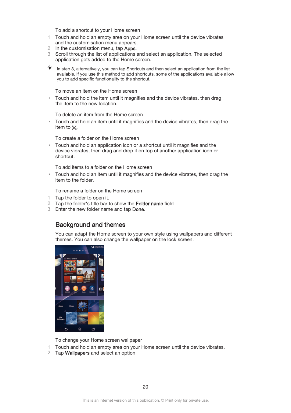 Background and themes | Sony Xperia Z3 Compact User Manual | Page 20 / 133