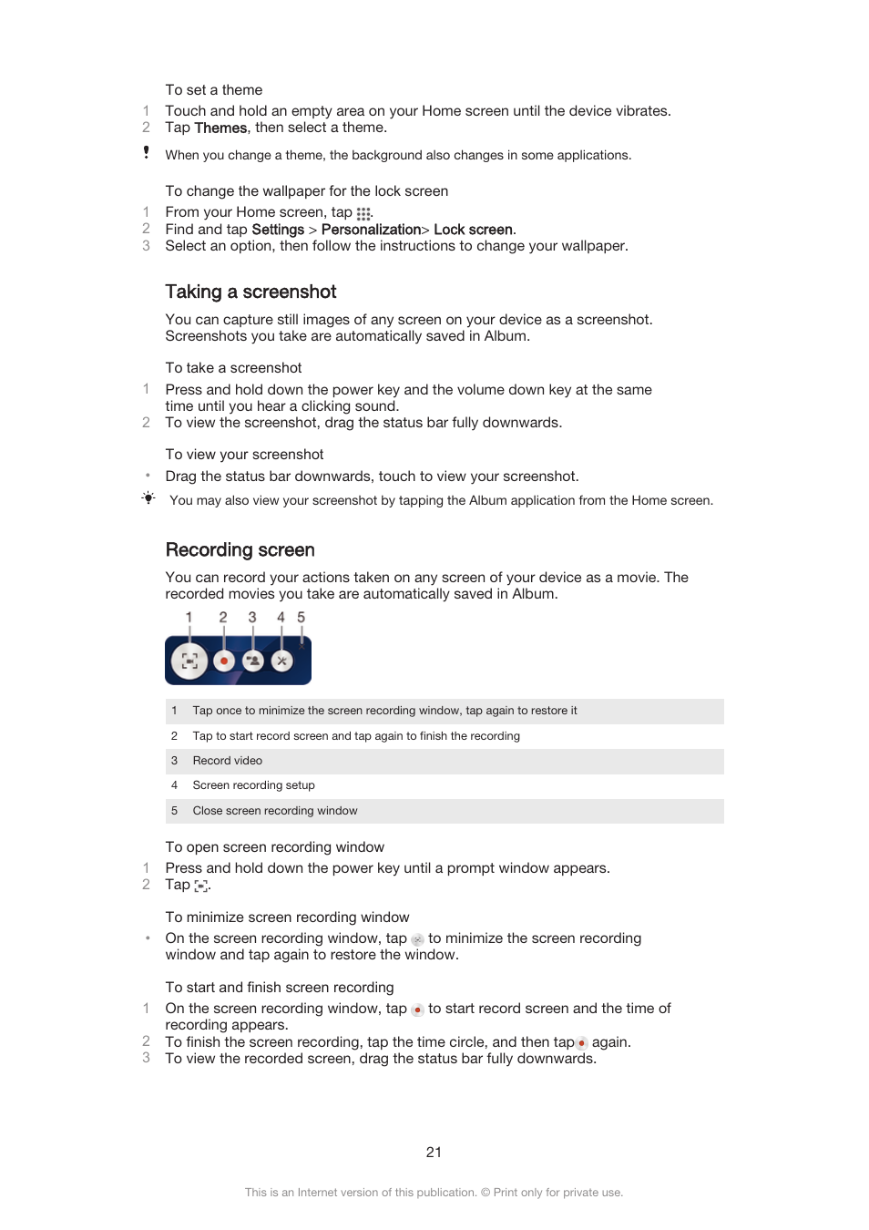 Taking a screenshot, Recording screen | Sony Xperia Z3 Compact User Manual | Page 21 / 133
