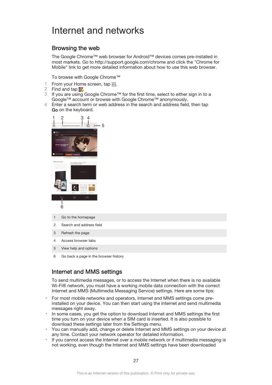 Internet and networks, Browsing the web, Internet and mms settings | Sony Xperia Z3 Compact User Manual | Page 27 / 133