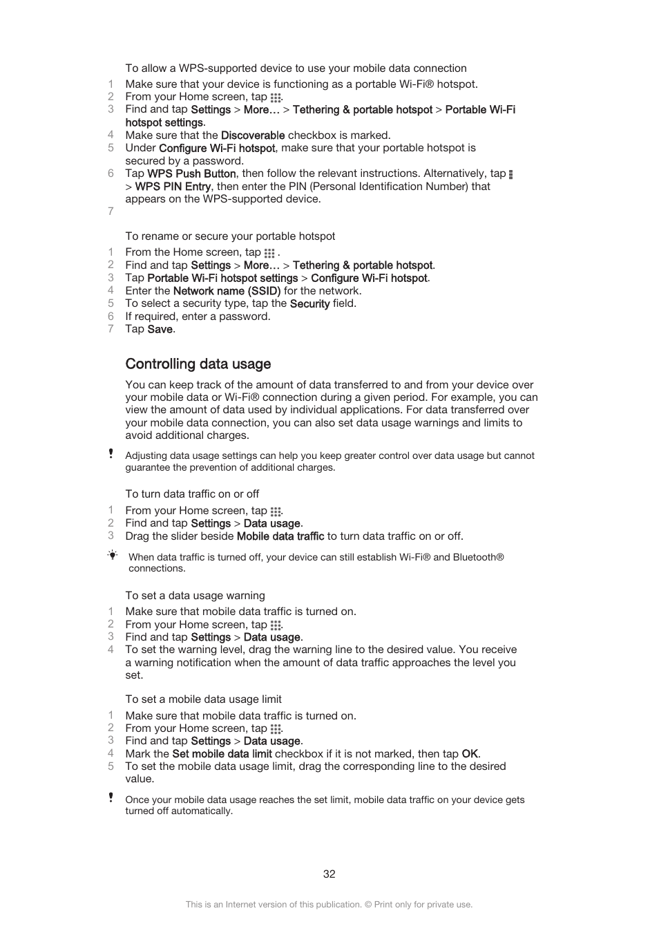 Controlling data usage | Sony Xperia Z3 Compact User Manual | Page 32 / 133