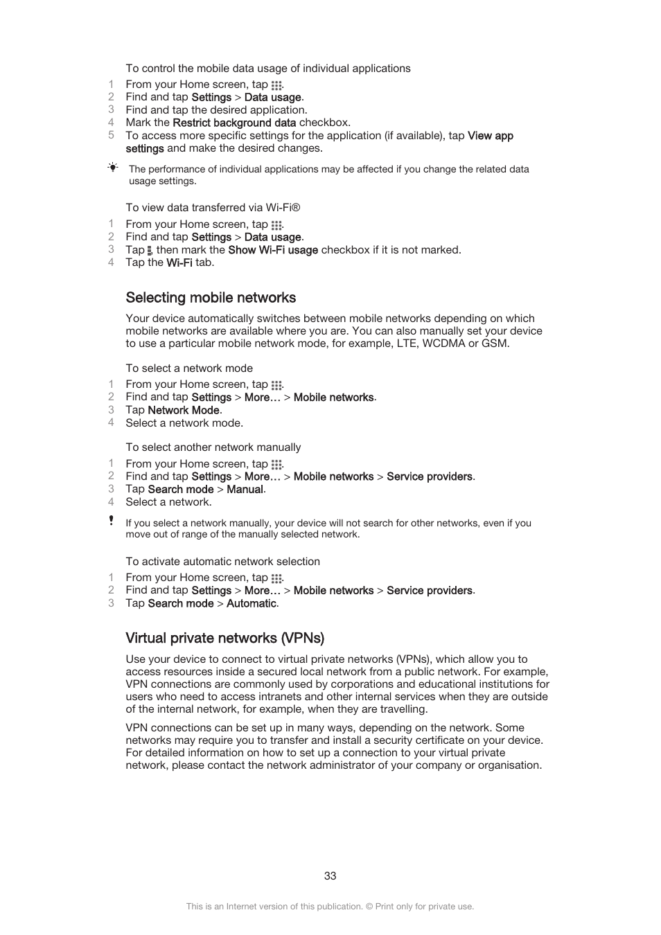 Selecting mobile networks, Virtual private networks (vpns) | Sony Xperia Z3 Compact User Manual | Page 33 / 133