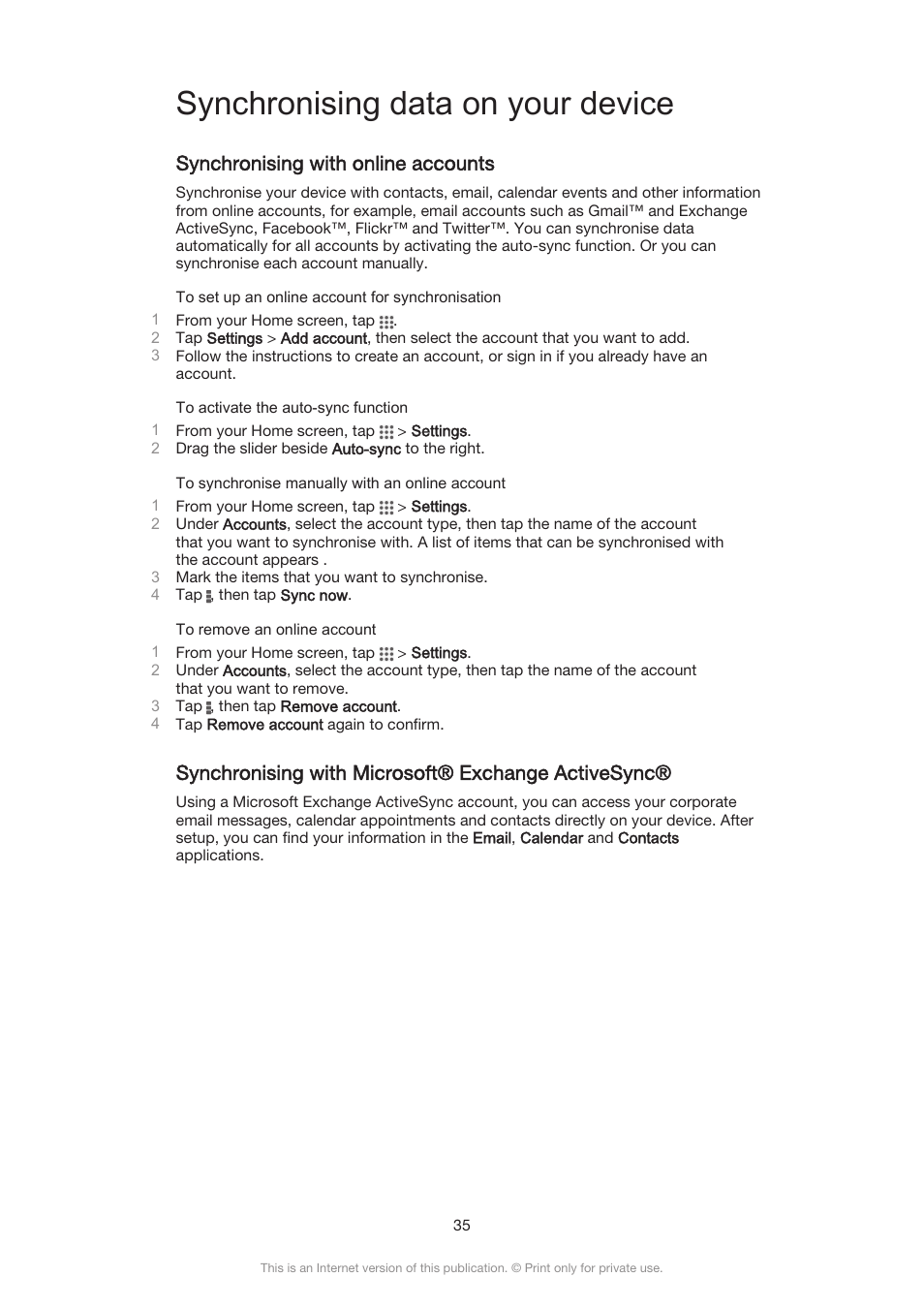 Synchronising data on your device, Synchronising with online accounts, Synchronising with microsoft® exchange activesync | Sony Xperia Z3 Compact User Manual | Page 35 / 133