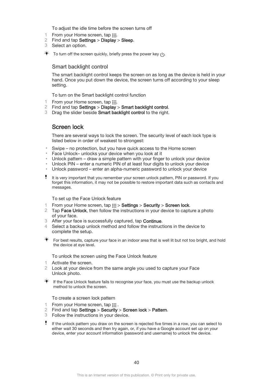 Screen lock | Sony Xperia Z3 Compact User Manual | Page 40 / 133