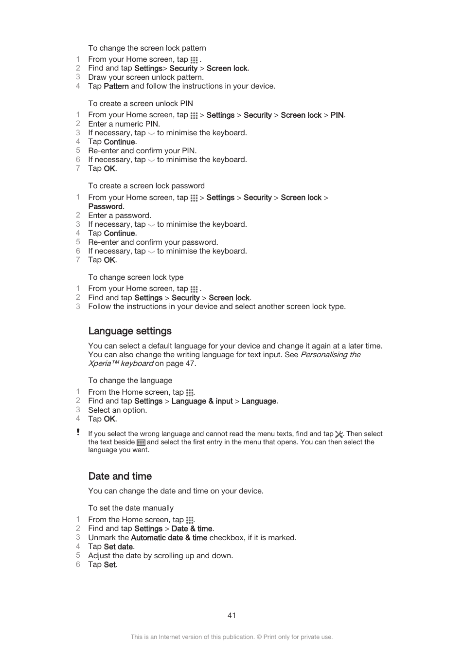 Language settings, Date and time | Sony Xperia Z3 Compact User Manual | Page 41 / 133