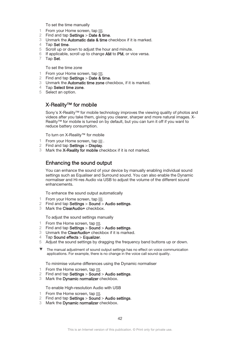 X-reality™‎ for mobile, Enhancing the sound output, X-reality™ for mobile | Sony Xperia Z3 Compact User Manual | Page 42 / 133