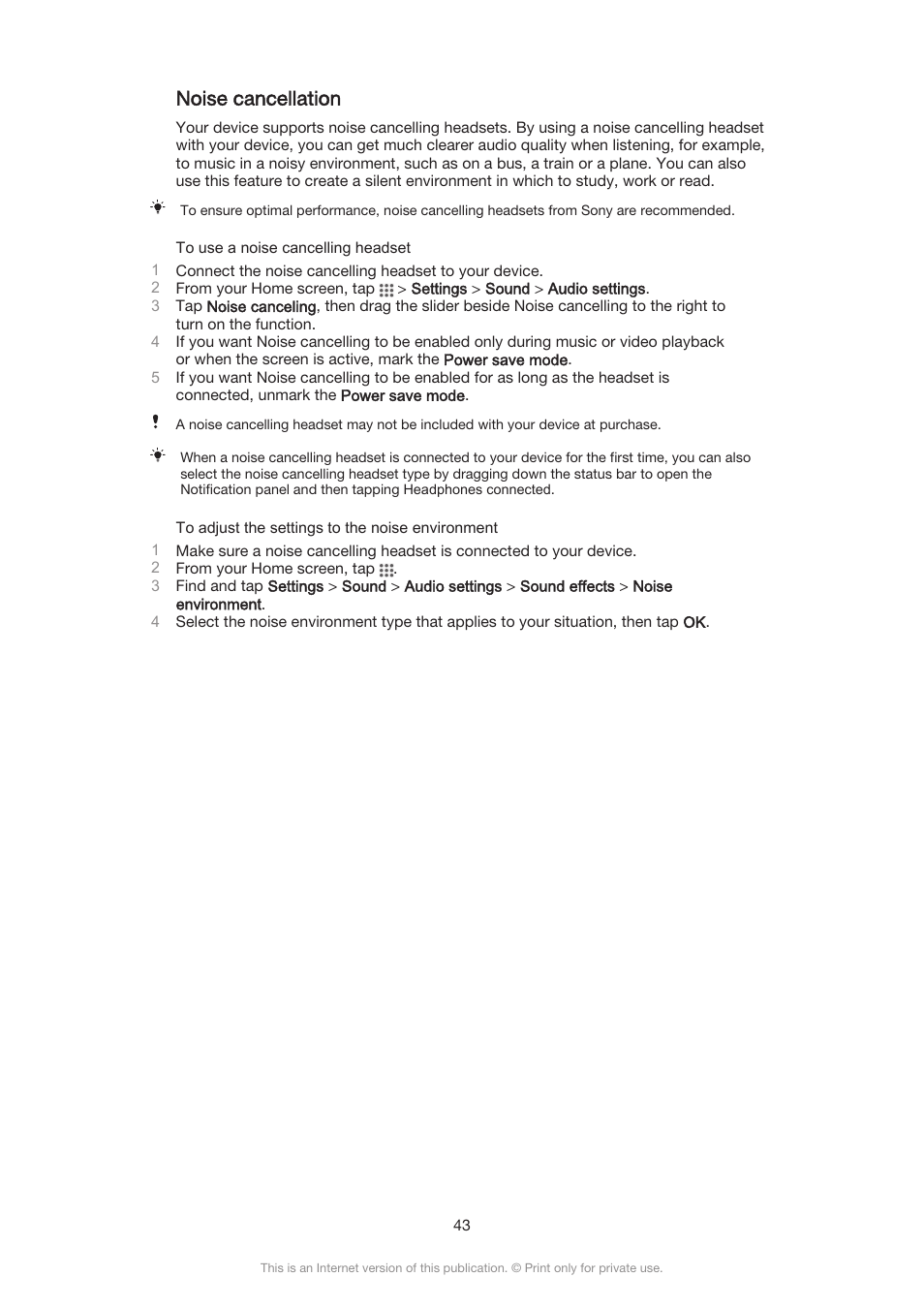 Noise cancellation | Sony Xperia Z3 Compact User Manual | Page 43 / 133