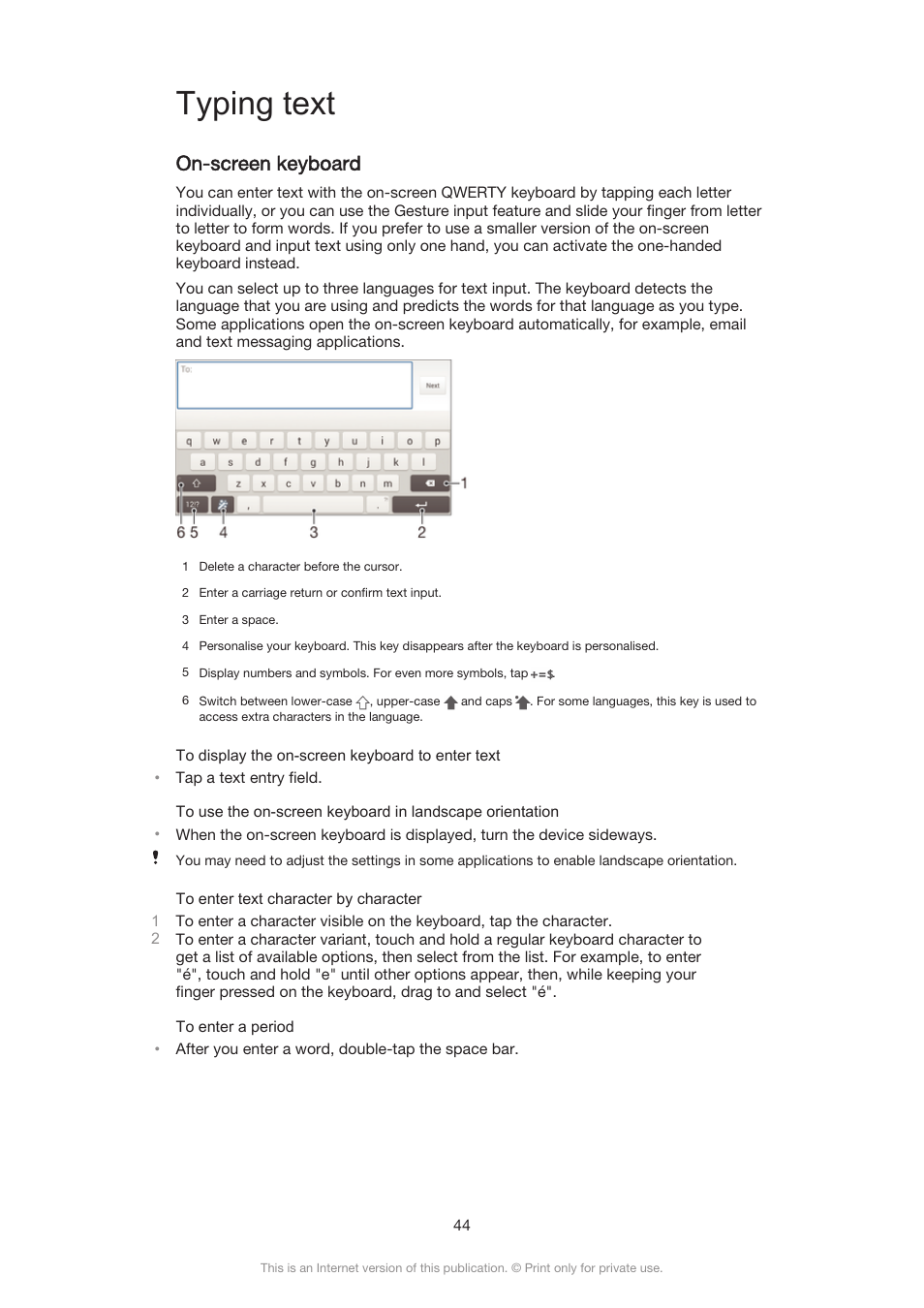 Typing text, On-screen keyboard | Sony Xperia Z3 Compact User Manual | Page 44 / 133