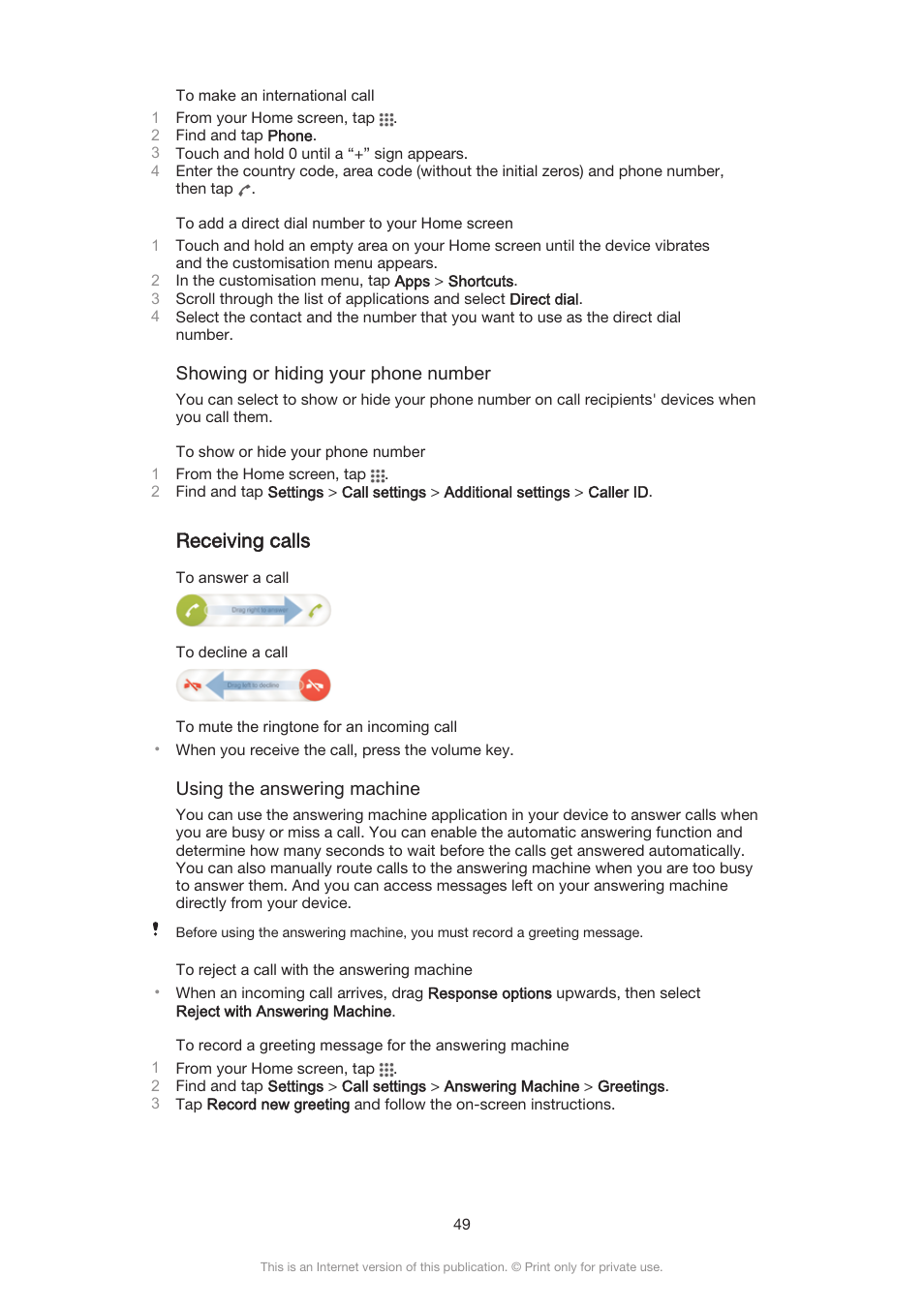 Receiving calls | Sony Xperia Z3 Compact User Manual | Page 49 / 133