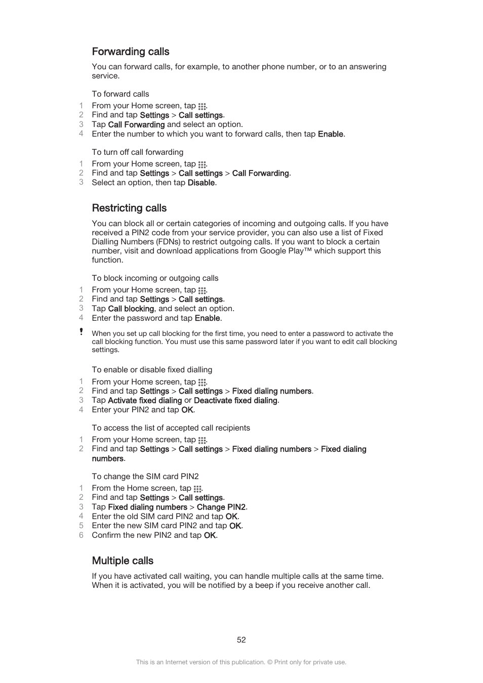 Forwarding calls, Restricting calls, Multiple calls | Sony Xperia Z3 Compact User Manual | Page 52 / 133