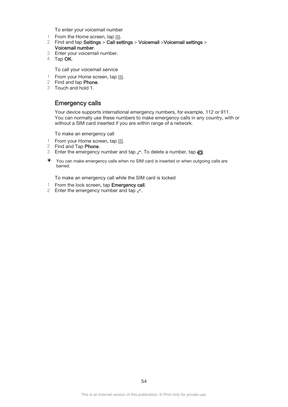 Emergency calls | Sony Xperia Z3 Compact User Manual | Page 54 / 133