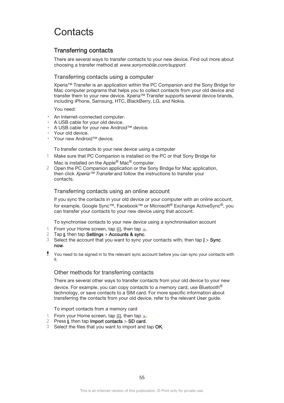 Contacts, Transferring contacts | Sony Xperia Z3 Compact User Manual | Page 55 / 133