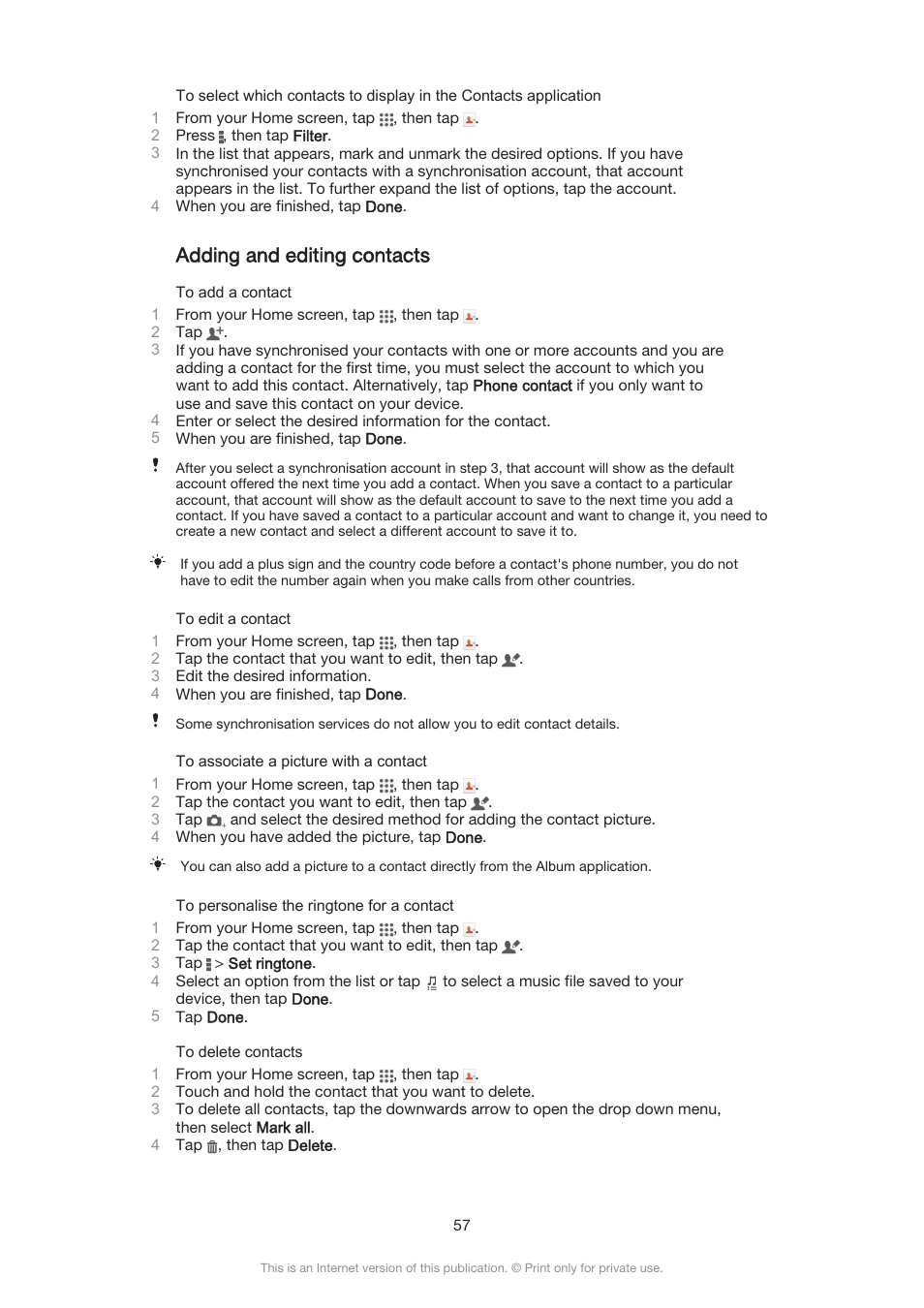 Adding and editing contacts | Sony Xperia Z3 Compact User Manual | Page 57 / 133