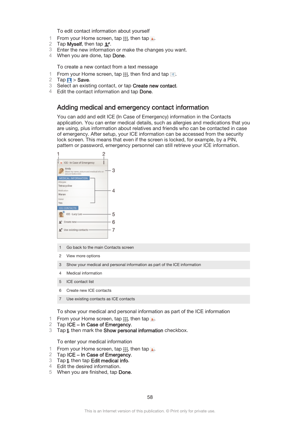 Adding medical and emergency contact information | Sony Xperia Z3 Compact User Manual | Page 58 / 133