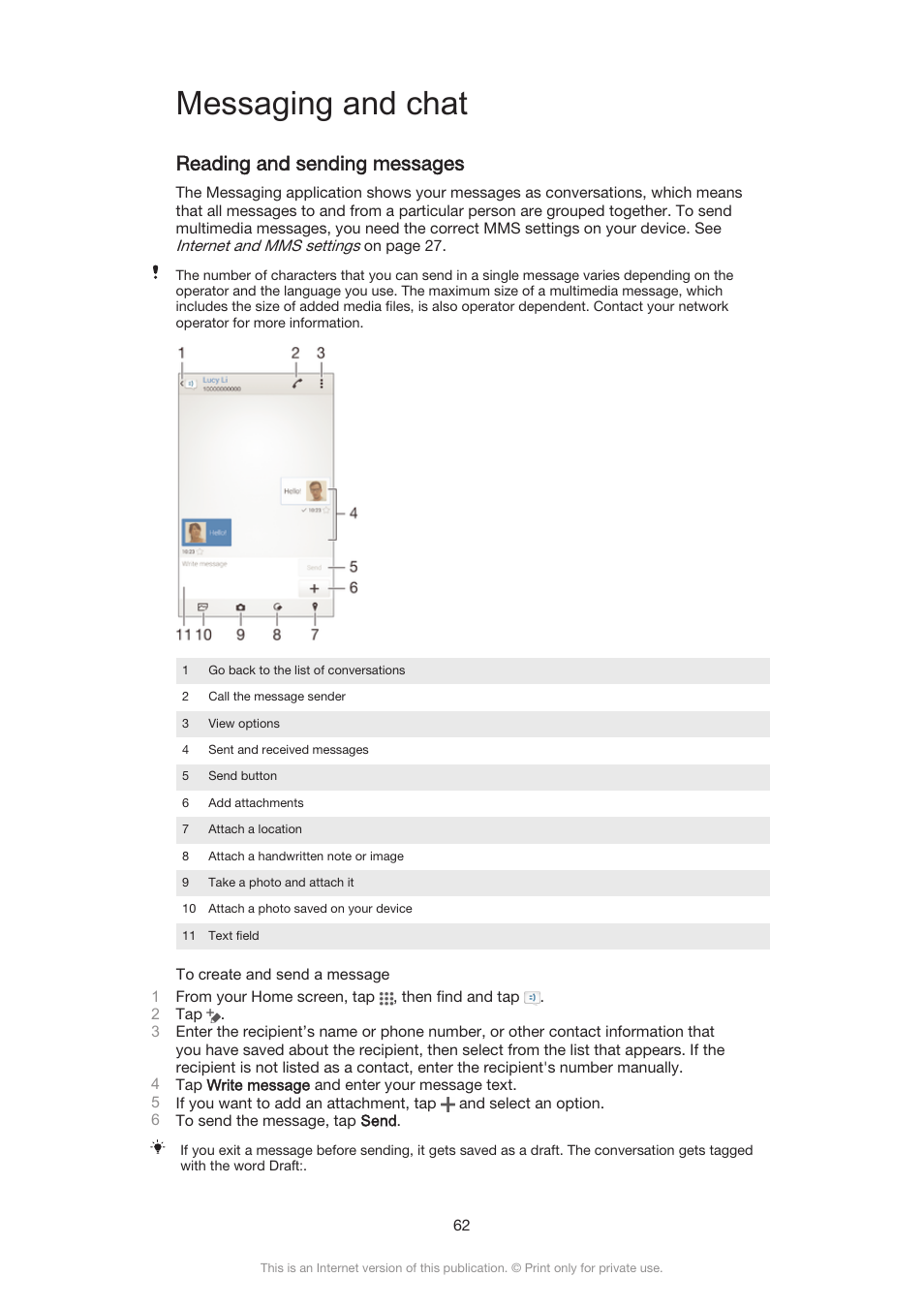 Messaging and chat, Reading and sending messages | Sony Xperia Z3 Compact User Manual | Page 62 / 133