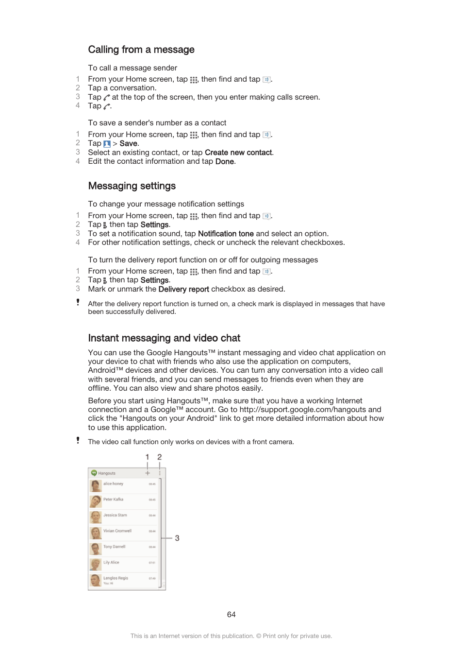 Calling from a message, Messaging settings, Instant messaging and video chat | Sony Xperia Z3 Compact User Manual | Page 64 / 133