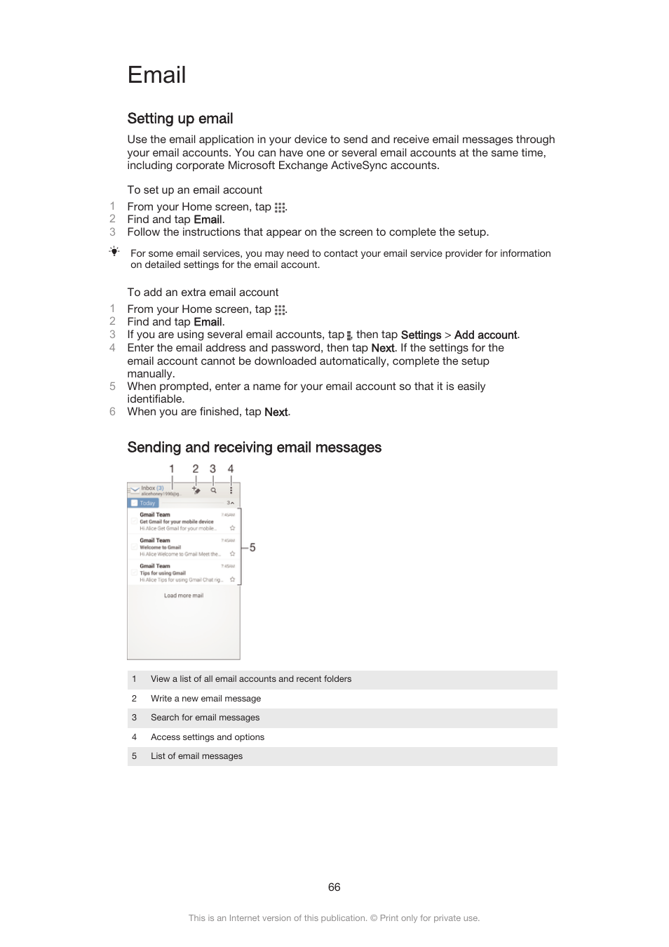 Email, Setting up email, Sending and receiving email messages | Sony Xperia Z3 Compact User Manual | Page 66 / 133