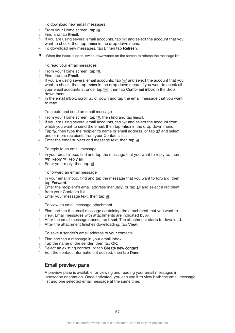 Email preview pane | Sony Xperia Z3 Compact User Manual | Page 67 / 133