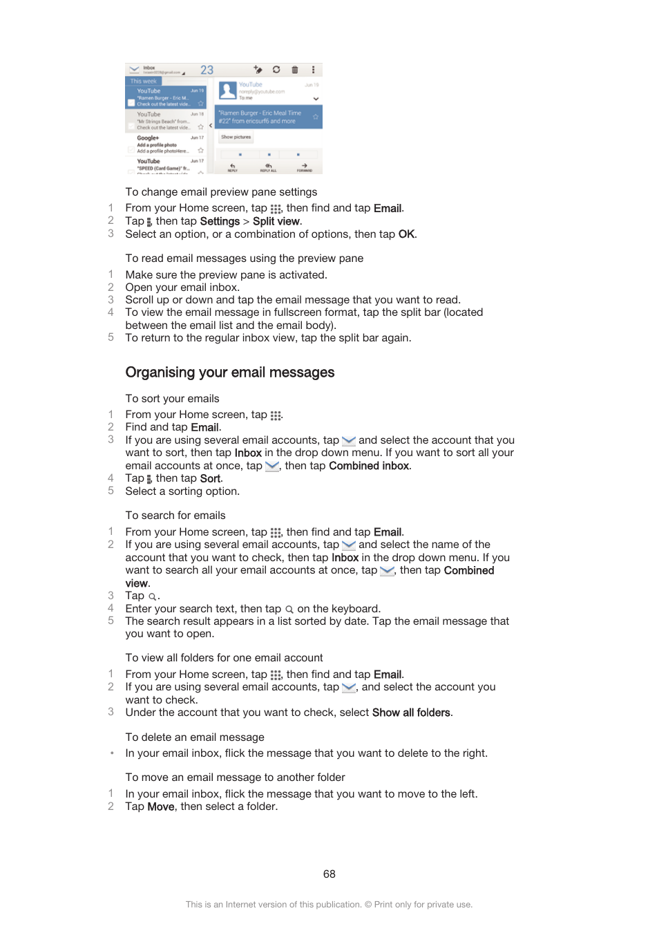 Organising your email messages | Sony Xperia Z3 Compact User Manual | Page 68 / 133