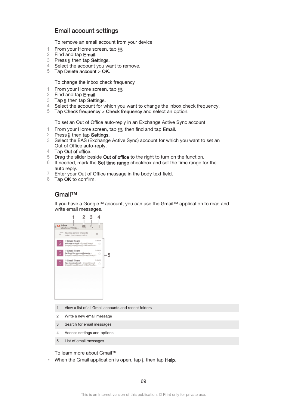 Email account settings, Gmail | Sony Xperia Z3 Compact User Manual | Page 69 / 133