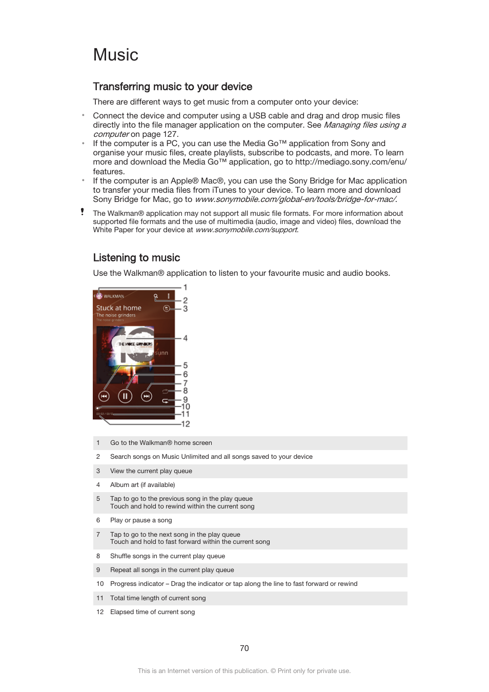 Music, Transferring music to your device, Listening to music | Sony Xperia Z3 Compact User Manual | Page 70 / 133