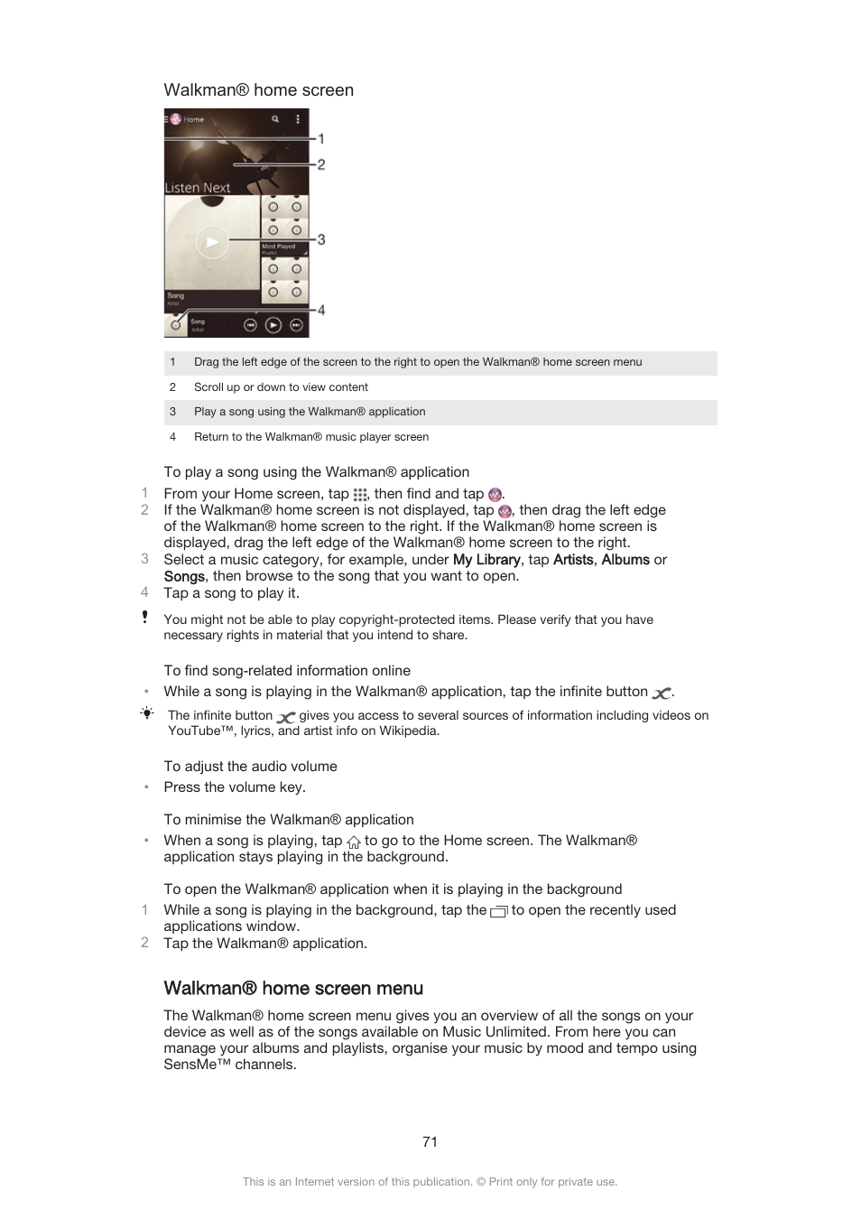 Walkman® home screen menu, Walkman® home screen | Sony Xperia Z3 Compact User Manual | Page 71 / 133