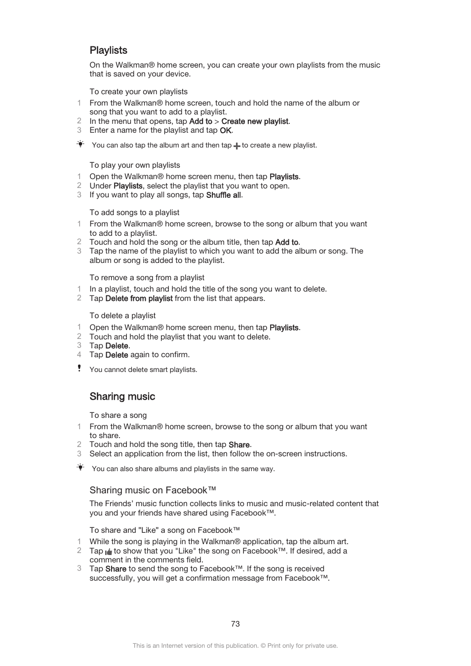 Playlists, Sharing music | Sony Xperia Z3 Compact User Manual | Page 73 / 133