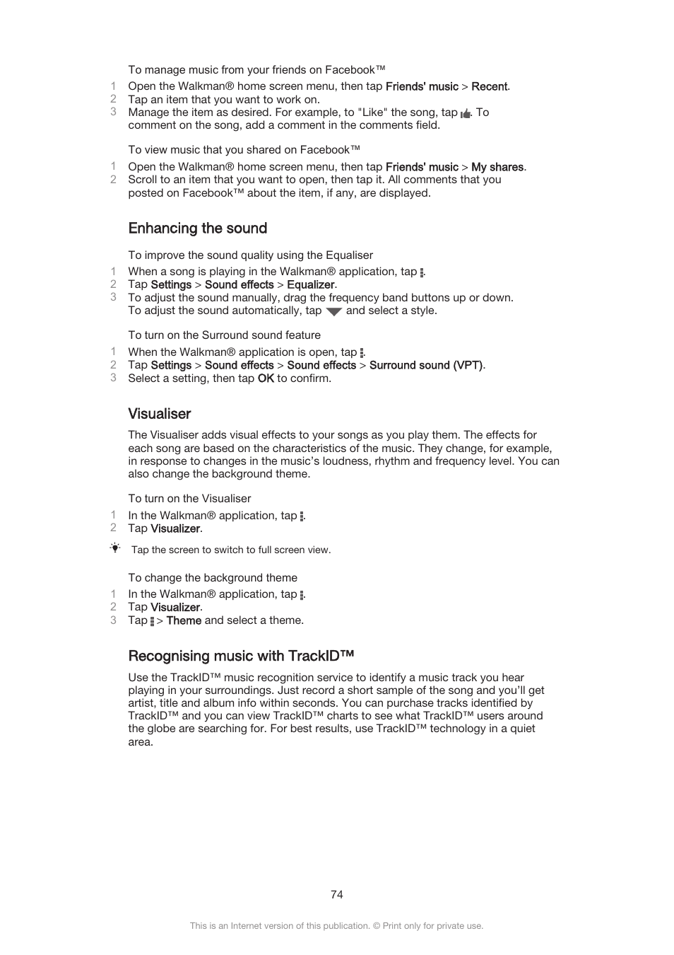 Enhancing the sound, Visualiser, Recognising music with trackid | Sony Xperia Z3 Compact User Manual | Page 74 / 133