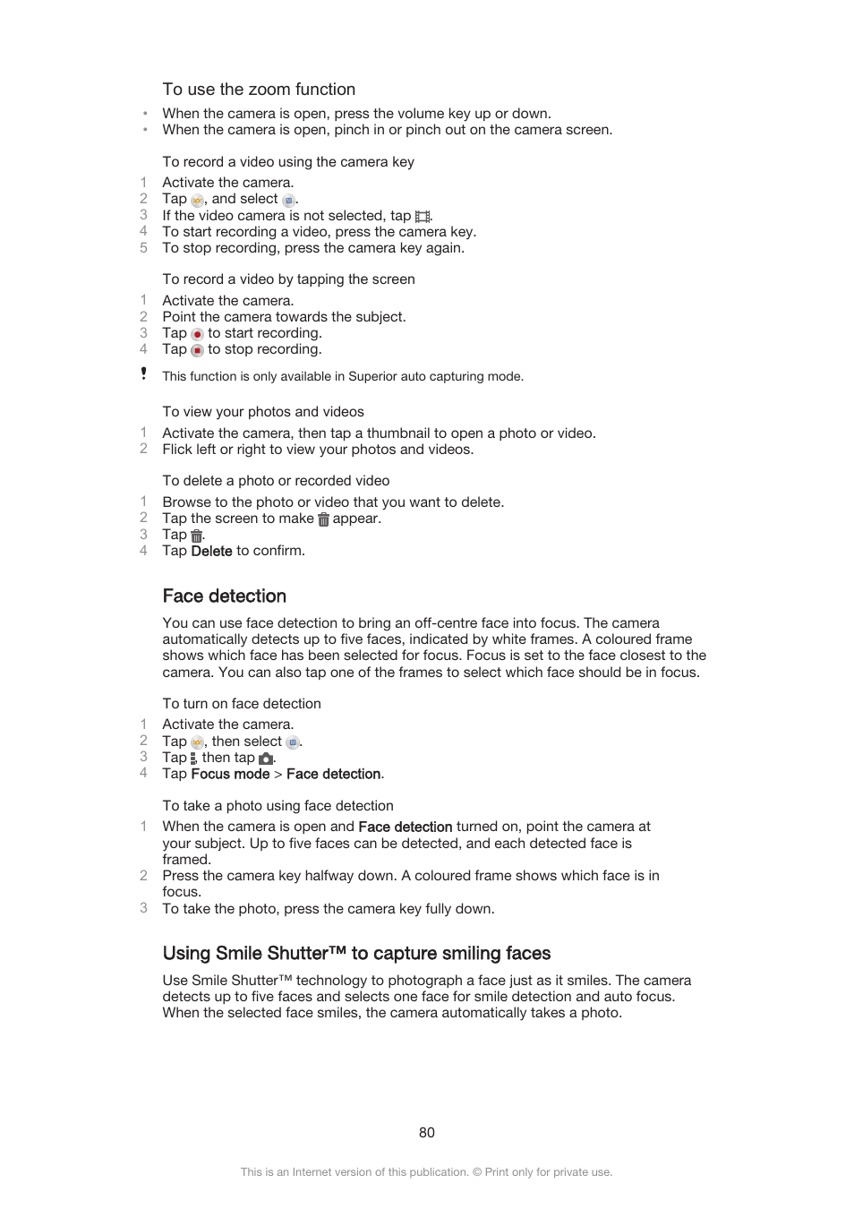 Face detection, Using smile shutter™‎ to capture smiling faces, Using smile shutter™ to capture smiling faces | Sony Xperia Z3 Compact User Manual | Page 80 / 133