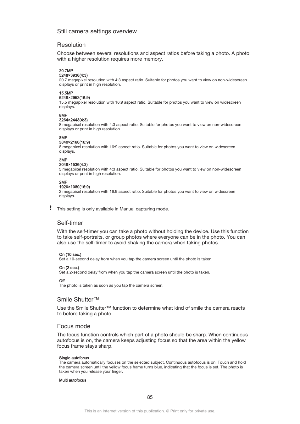 Still camera settings overview resolution, Self-timer, Smile shutter | Focus mode | Sony Xperia Z3 Compact User Manual | Page 85 / 133